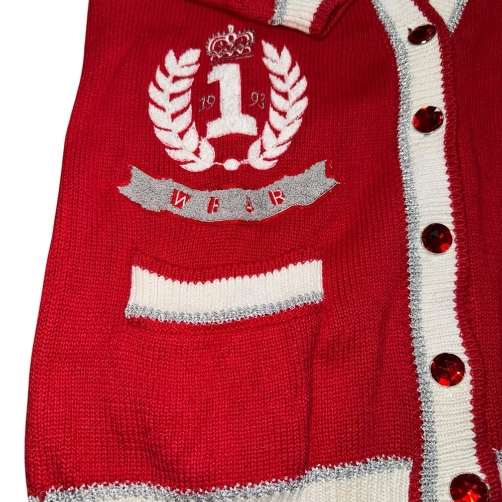 SK Wear Red Crest Cardigan Women’s Medium Varsity Style Jewel Button Sweater - Picture 5 of 8